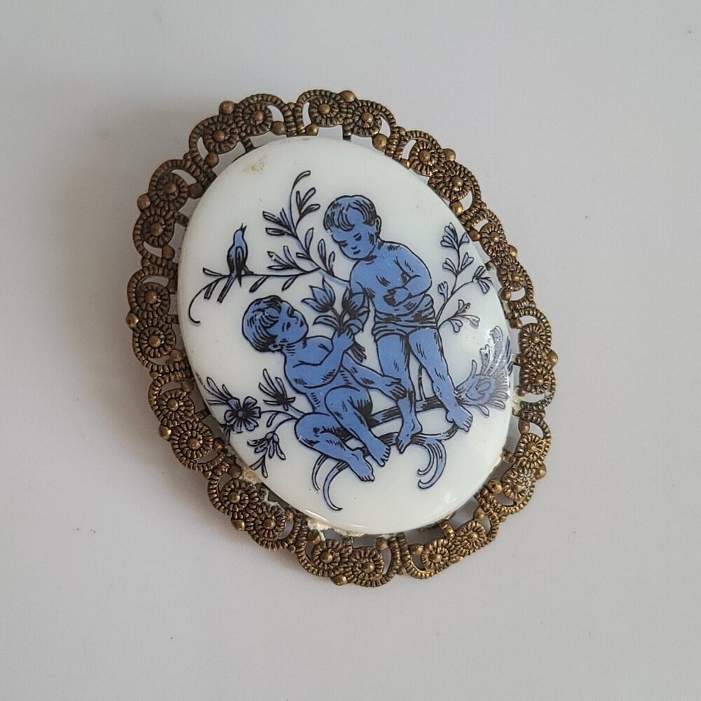 West Germany brass filigree ceramic kids friends oval pin brooch 3D Art Nouveau